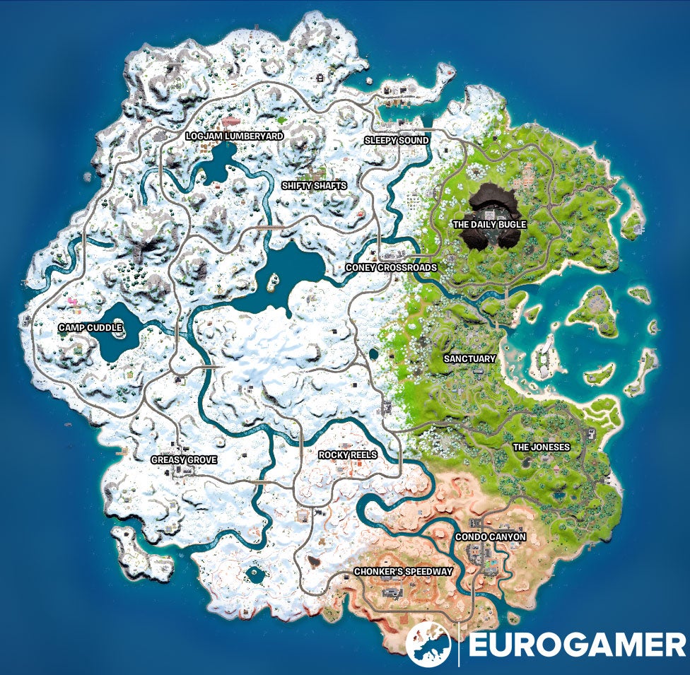 Fortnite Chapter 3 Season 4 map, named locations and landmarks